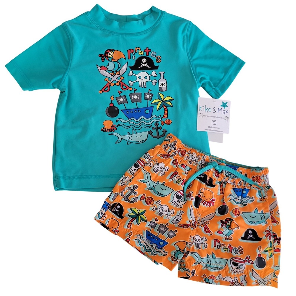 Kiko & Max Boys 6-9 months Swim Trunks‎ Rash Guard Shirt Set Outfit Pirate Shark